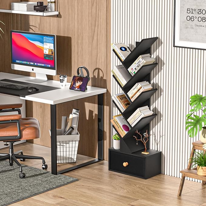8 Tier Tree Bookshelf with Drawer, Free Standing Wood Bookcase - Image 7