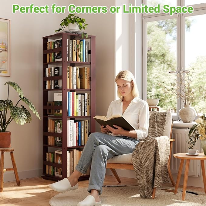 Homykic Rotating Bookshelf, Bamboo 360 Display Spinning Bookshelf Tower - Image 4