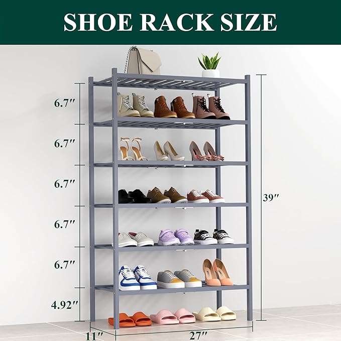 Smiry Shoe Rack, 6 Tier Thick Bamboo Shoe Organizer, Stackable Free Standing - Image 2