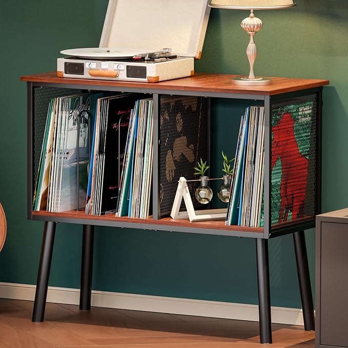 Record Player Stand with Adjustable Divider, Vinyl Storage Holder Up to 200 by Simple+Serenity