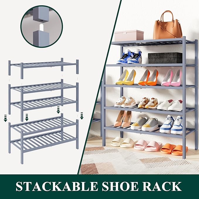 Smiry Shoe Rack, 5 Tier Thick Bamboo Shoe Organizer, Stackable Free Standing - Image 4