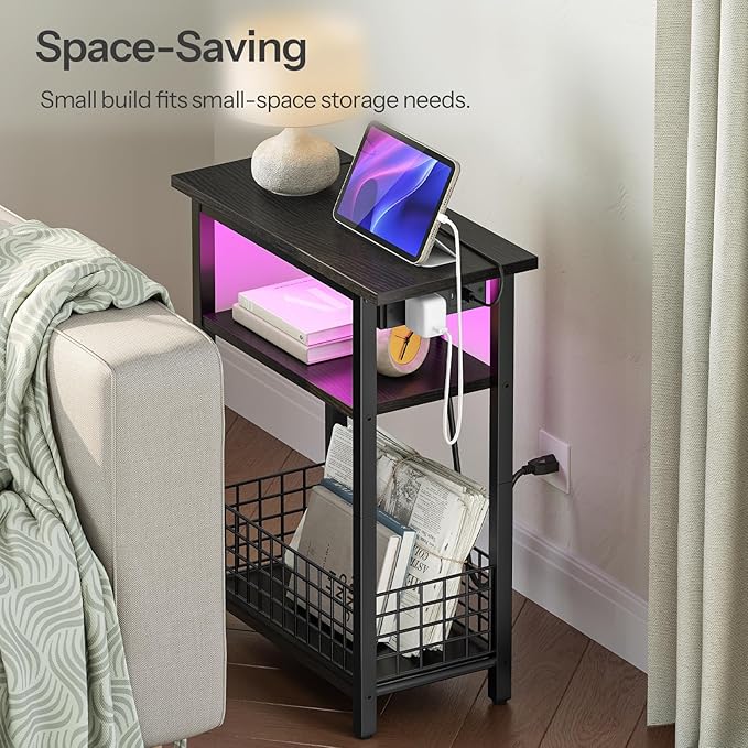 HOOBRO Narrow Side Table with Charging Station and LED Light, Small End Table - Image 3