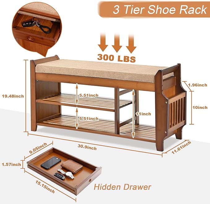 Shoe Storage Bench for Entryway, Bamboo Entryway Bench - Image 3