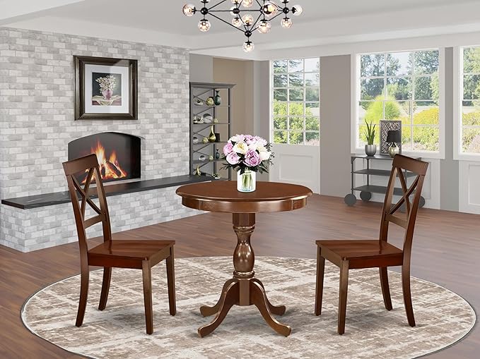 East West Furniture ESBO3-MAH-W 3 Piece Dining Room Table Set Contains a Round - Image 2