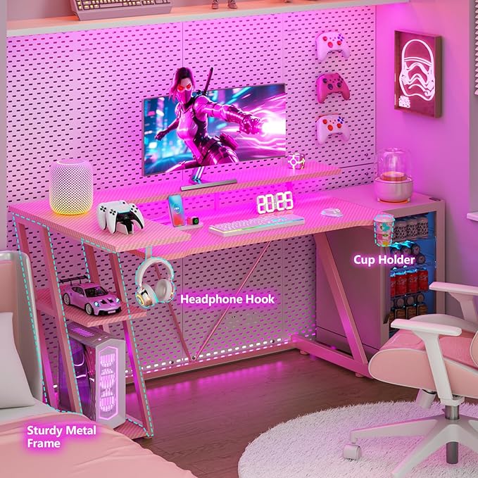 55 Inch Pink Gaming Desk with Power Outlet & LED Lights, Corner Computer Desk - Image 6