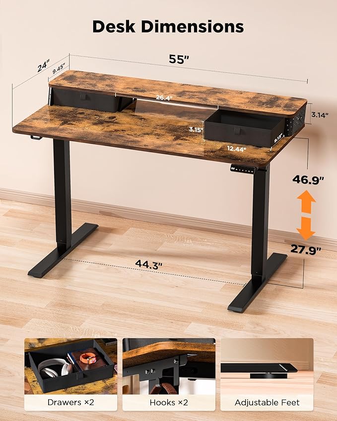 55x24 Inch Standing Desk with Double Drawers, C-Clamp Mount Compatible - Image 3