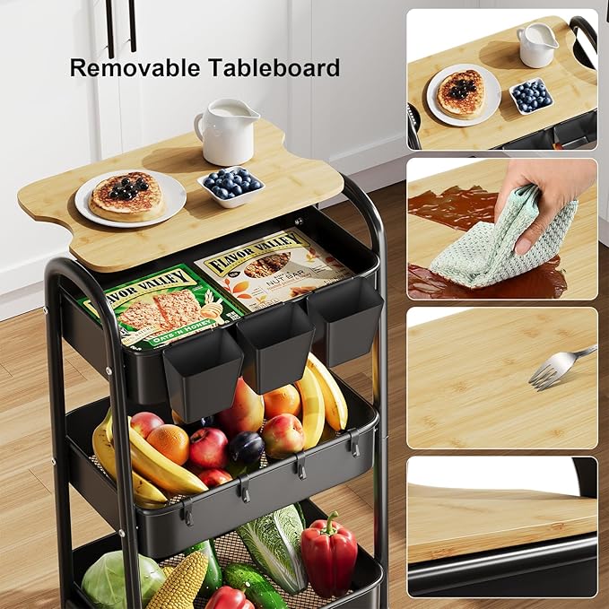 3 Tier Metal Rolling Cart with Wheels and Wooden Table Top, Three Tiered Craft - Image 9