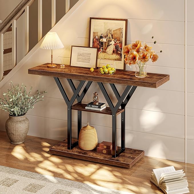 Huuger 47.2 Inch Entryway Table, Industrial Console Sofa Table, 3 Tier Accent - Image 8