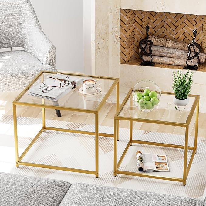 Garden 4 you Coffee Table Set of 2, Modern Glass Nesting Table, Metal Frame by Garden4you