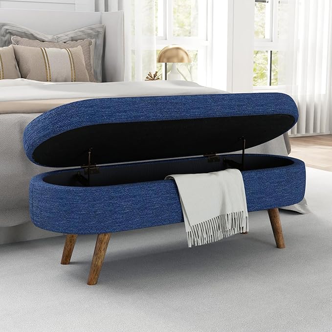 Oval Storage Bench 43.5" Linen Fabric Upholstered Entryway Bench - Image 7