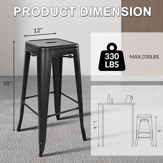 30 Inches Metal Bar Stools, High Backless Stools, Indoor Outdoor Stackable - Image 3