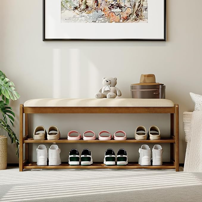 2-Tier Bamboo Shoe Bench with Cushion and Hidden Drawer, Entryway Shoe Rack - Image 3