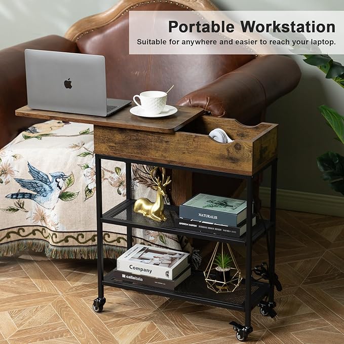 Hadulcet End Table with Charging Station, Couch End Tables Rotating Top Skinny - Image 4
