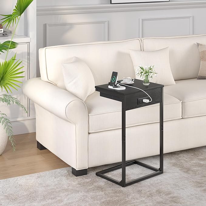 C Shaped End Table with Charging Station, 45° Tiltable Adjustable Flip Top Side - Image 6