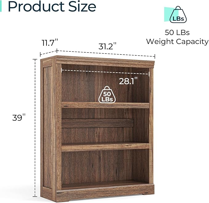 LINSY HOME 3-Tier Bookcase Display Storage Shelves Farmhouse Bookshelf - Image 3