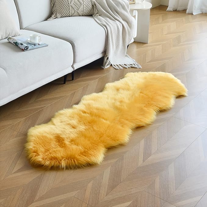 duduta Yellow Faux Sheepskin Runner Rugs 2x6 ft, Fluffy Shag Bedroom Rug Fur by Duduta