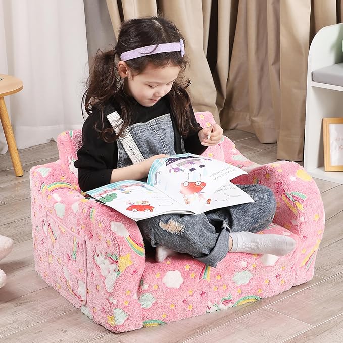 Unicorn Glow in The Dark Toddler Couch, 2-in-1 Toddler Soft Couch Fold Out - Image 2
