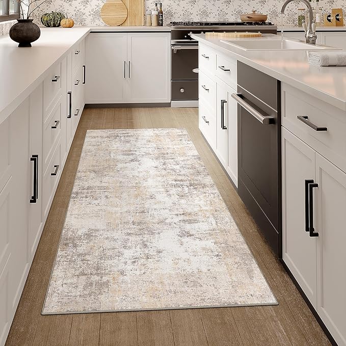 2x5 Washable Runner Rug Beige Grey Neutral Abstract Hallway Kitchen Living Room - Image 3