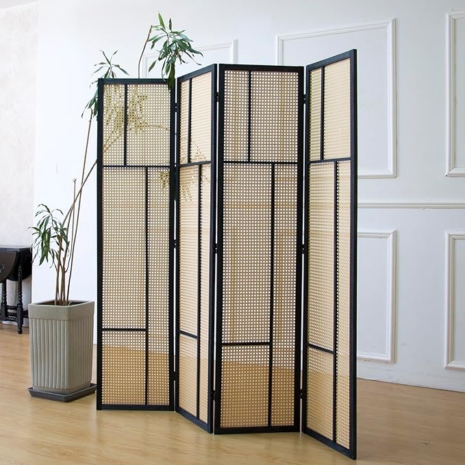4 Panel Room Divider Screen and Folding Panel Screen, Double Sided Rattan by Furnnylane
