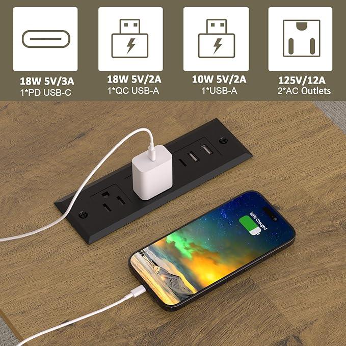 End Table with Fast USB C Charging Station, Large Storage Rustic Wood Square - Image 3