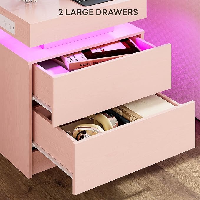 LIKIMIO Night Stand with Charging Station, Modern Pink Nightstand with LED - Image 6