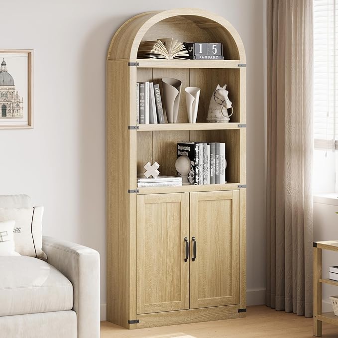 GarveeHome Bookcase with Doors Arched Bookshelf 71.65in Tall Bookcase Farmhouse by GarveeHome
