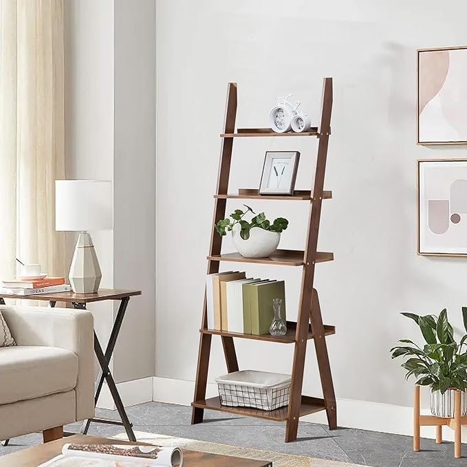 Maydear Bamboo Ladder Shelf Bookcase, 5-Tier Leaning Bookshelf Free Standing - Image 3