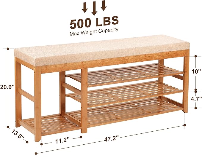 47.2 in Shoe Rack Bench with Cushion, 3 Tier Bamboo Entryway Bench with Storage - Image 2