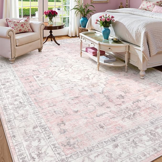 LIVEBOX Pink 10x14 Area Rug for Bedroom Girls, Boho Washable Rugs for Living by LIVEBOX