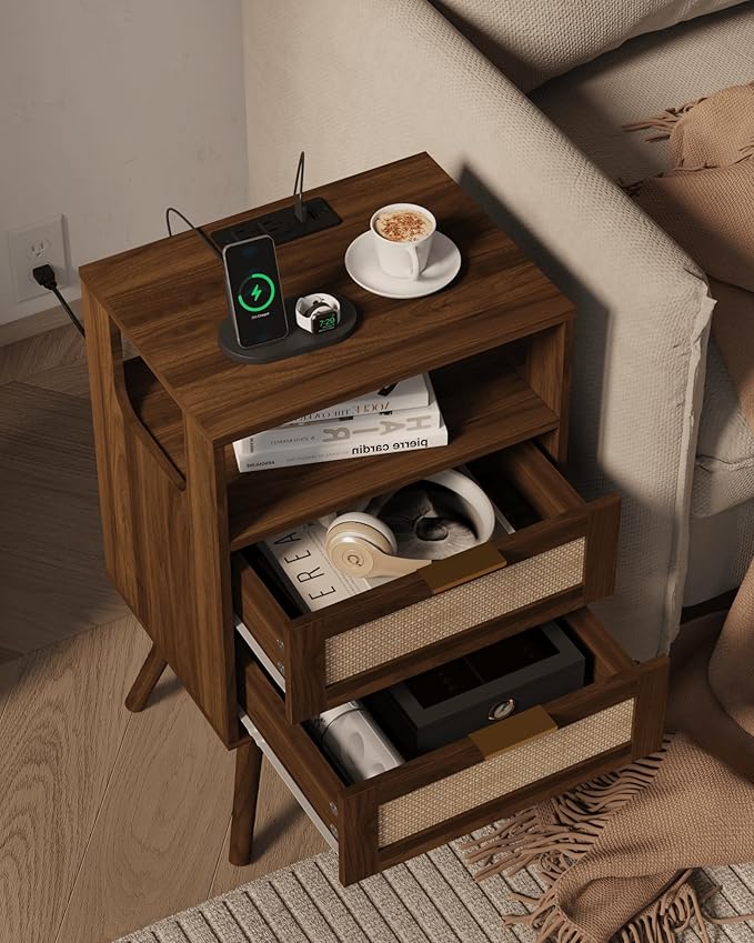 Rattan Nightstand with Charging Station, Modern Bedside Table with 2 Storage - Image 4