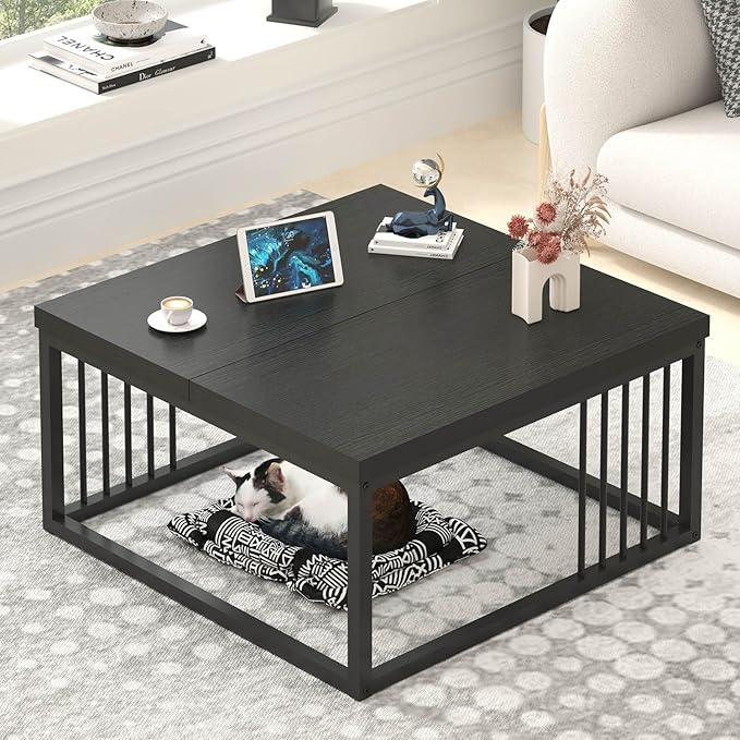 FOLUBAN Black Coffee Table, Modern Square Center Table by FOLUBAN