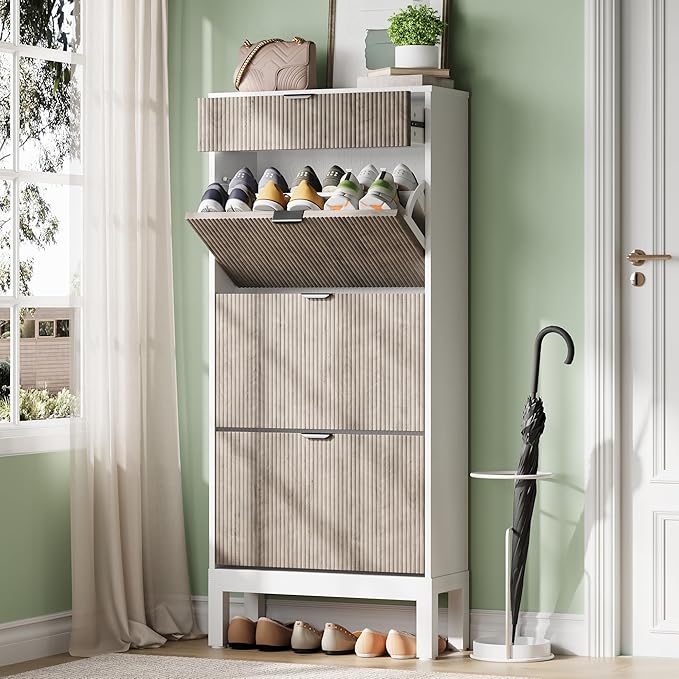 GarveeHome Shoe Cabinet with 3 Flip Doors & 1 Drawer, Entrance Wooden Shoe Rack - Image 3