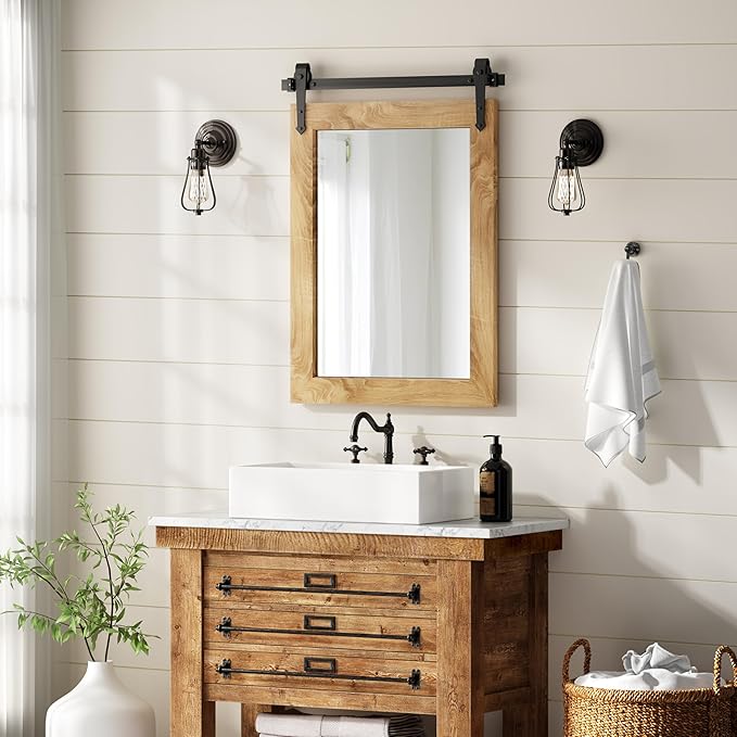 Farmhouse Bathroom Mirror 18" x 24" Rustic Wood Framed Wall Barn Door Mirror - Image 6