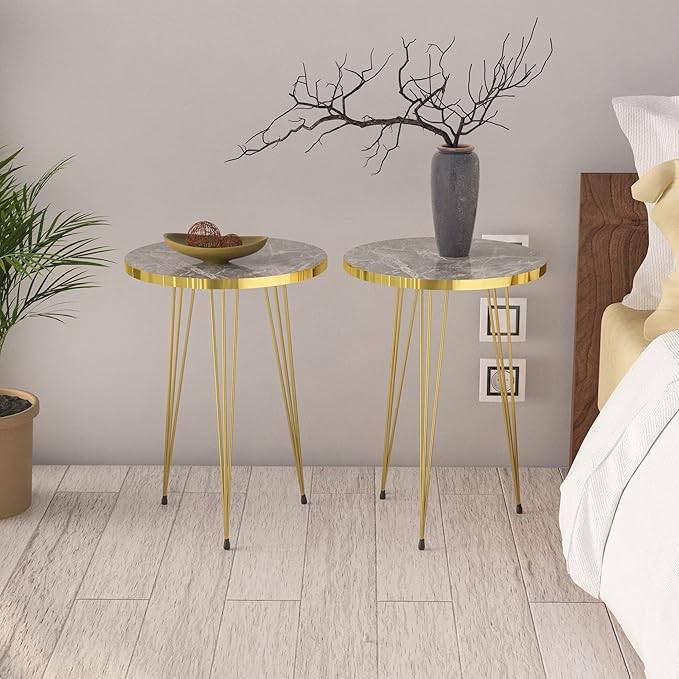 PAK HOME - Set of 2 End Table - High Gloss Shiny Grey Marble Look Round Wood - Image 3