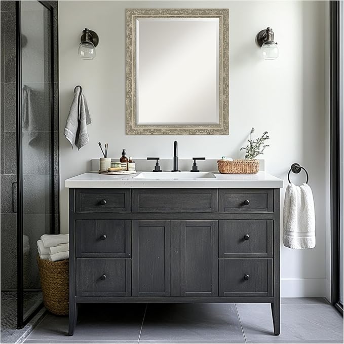 Amanti Art Bathroom Mirror for Over Sink, 27x33 Filigree Silver Rectangle - Image 6