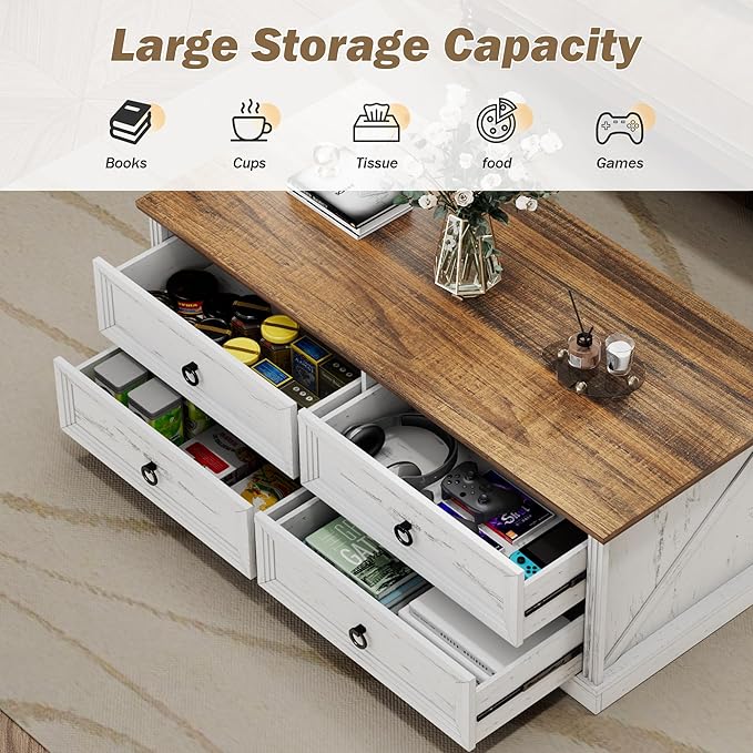 Farmhouse Coffee Table with Drawers 47 in Living Room Tables with Storage - Image 3