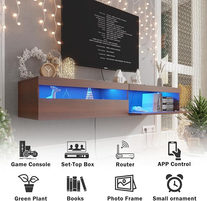 Floating TV Stand with Led Lights, 71 inch Wall Mounted TV Shelf with Power - Image 4
