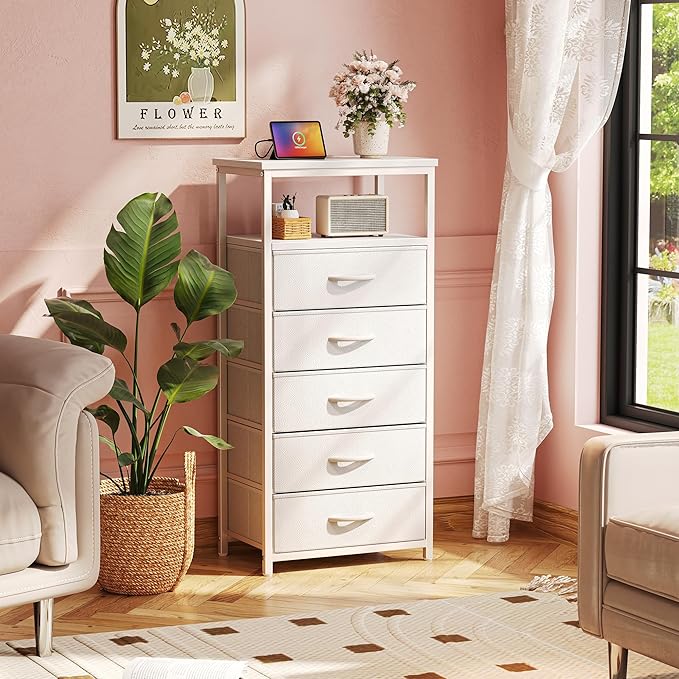 Huuger White Dresser with 5 Drawers & Charging Station, Tall Dresser - Image 2
