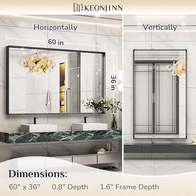 Keonjinn 60 x 36 Inch Black Bathroom Mirrors - Image 7