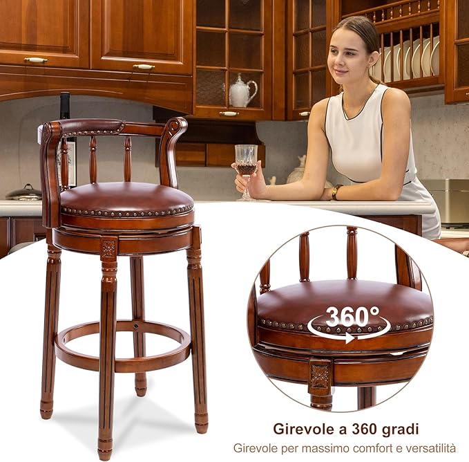 Cow top Leather Wooden Bar Stools, 360 Degree Swivel Bar Height Chair - Image 4