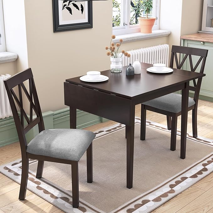 Merax Farmhouse Wooden Dining Set of 3, 45.6 inch Extendable Kitchen Table by Merax
