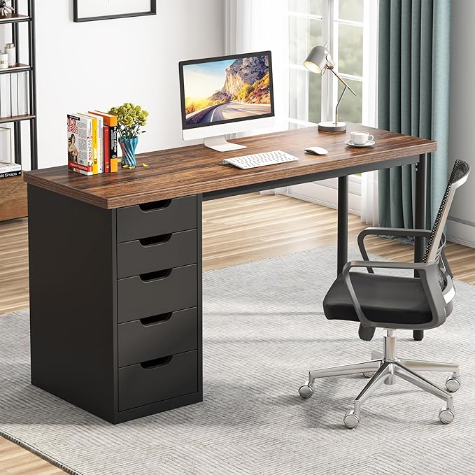 Tribesigns Computer Desk with 5 Drawers, 47 inches Rustic Brown Home Office - Image 3
