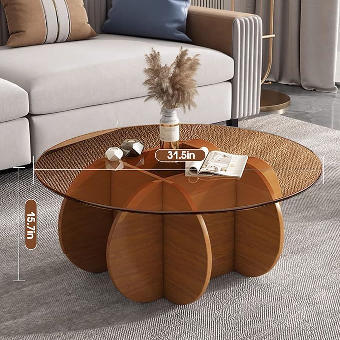 Modern Round Coffee Table with Solid Wood Legs, 31.5'' Glass Coffee Tables - Image 6