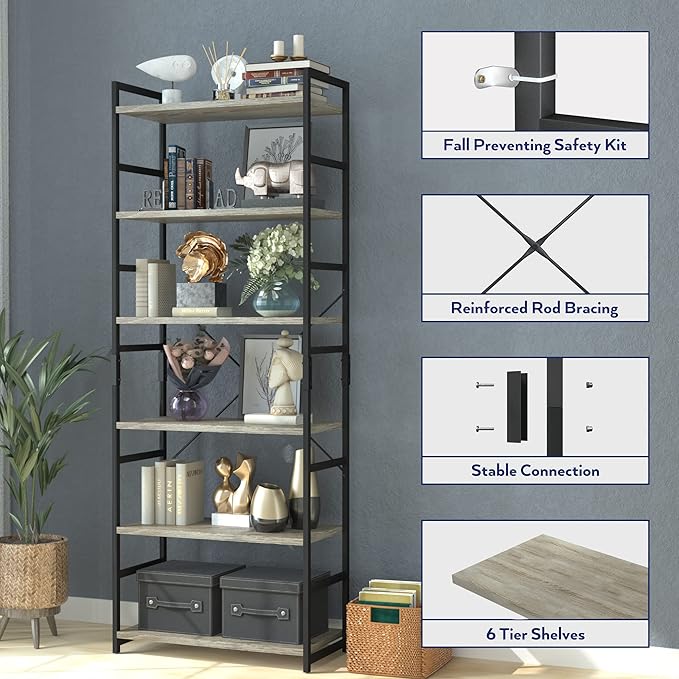NUMENN 6 Tier Bookshelf, Tall Bookcase Shelf Storage Organizer, Modern Book - Image 6
