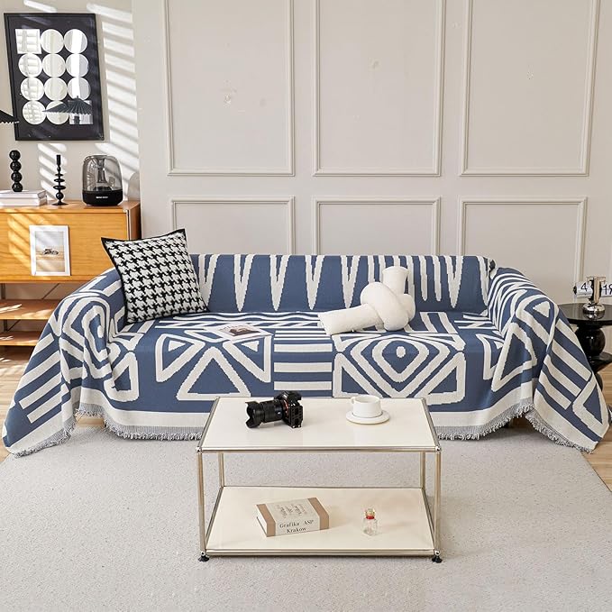 STACYPIK Boho Chenille Blue Sofa Cover L Shaped Couch Cover Reversible Couch by STACYPIK