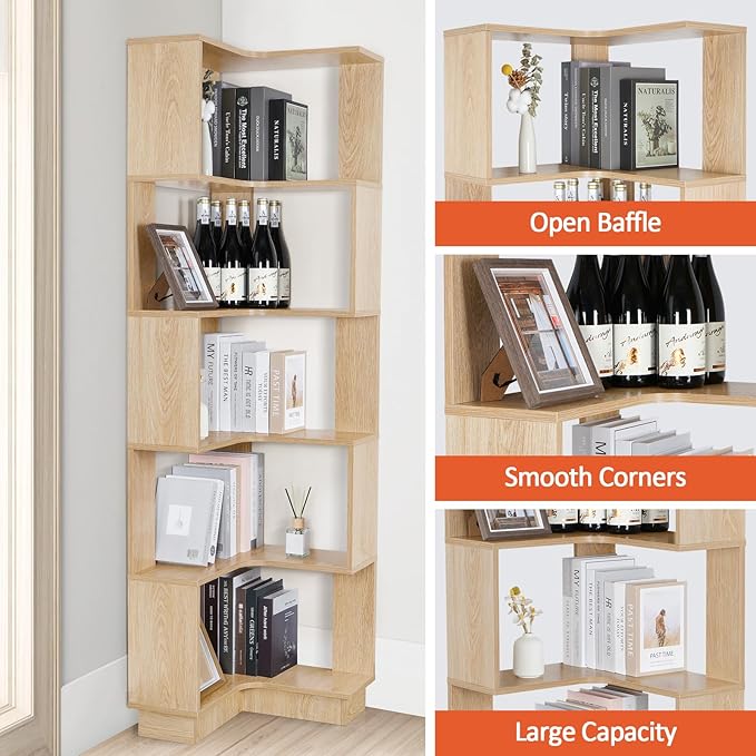 Wooden Corner Bookcase, 5 Tiers Corner Bookshelf 68.9" L-Shaped Storage Display - Image 6