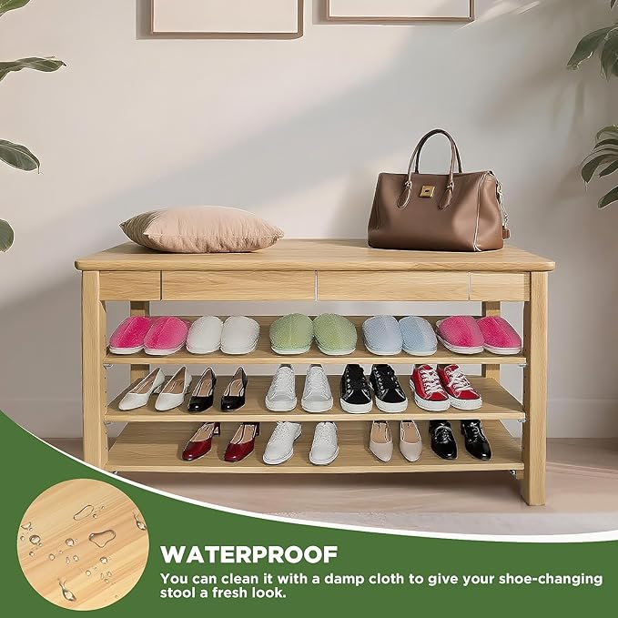 Wood Shoe Bench Entryway with Drawer: 3-Tiers Wooden Storage Shoe Rack with - Image 6