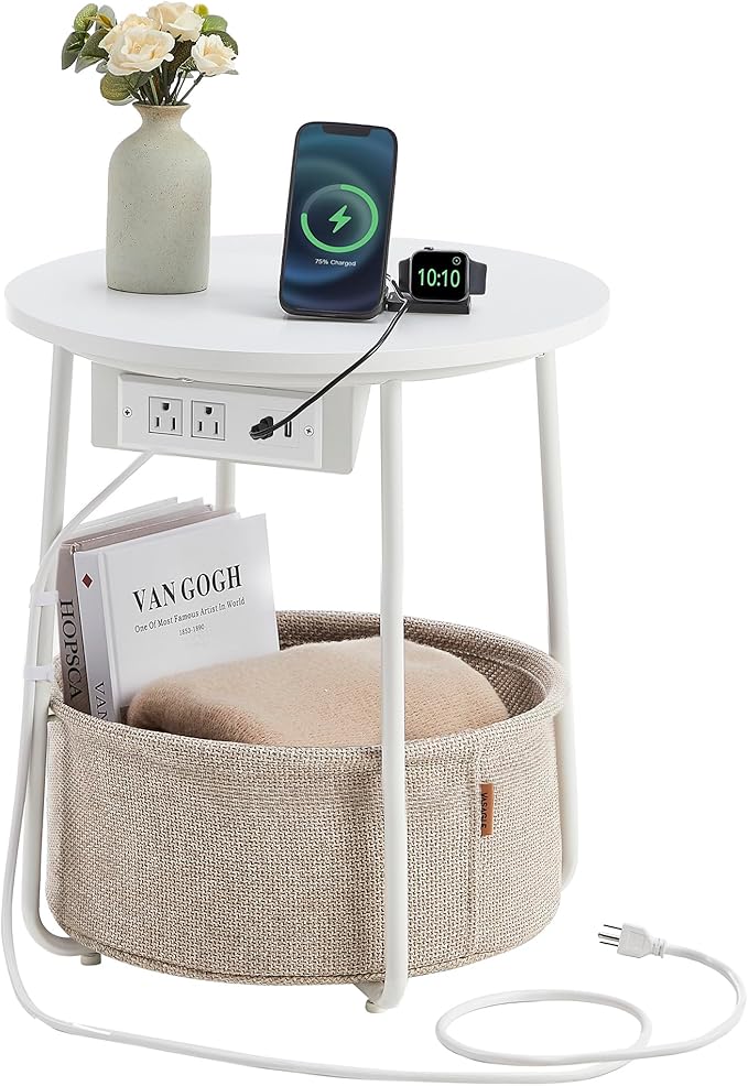 VASAGLE Side Table with Charging Station, Round End Table with Fabric Basket by VASAGLEbySONGMICSHOME