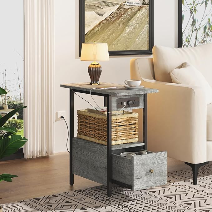 LIDYUK End Table with Charging Station, Narrow Side Table with Drawer and USB - Image 4