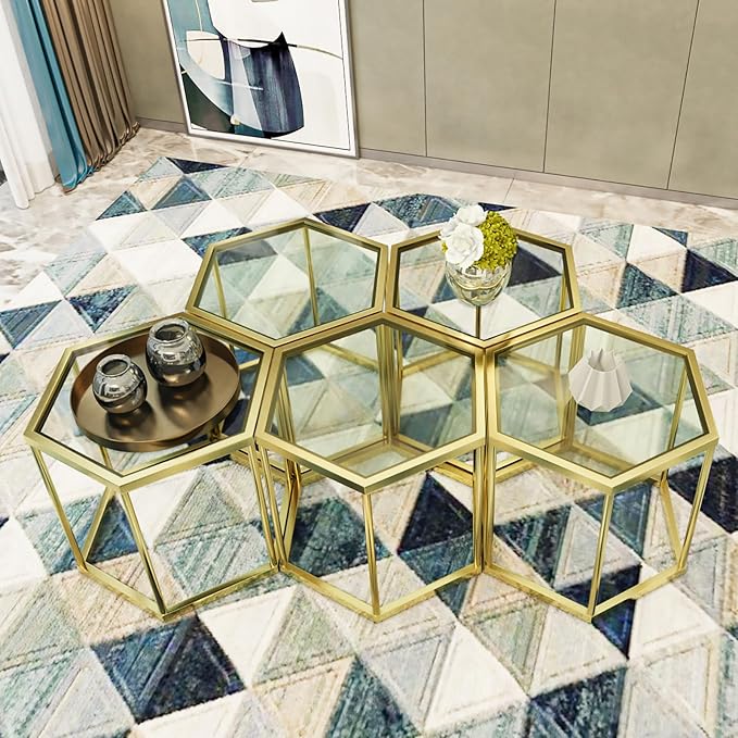 Gold Coffee Table Glass Modern Coffee Table, Hexagon Free Combination Glass - Image 5